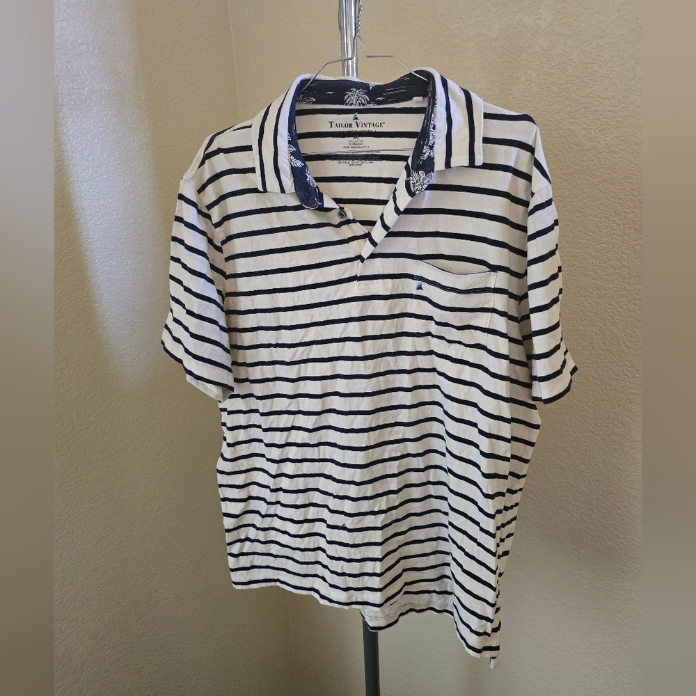 Tailor Vintage Blue & White Striped Polo Shirt With Pocket